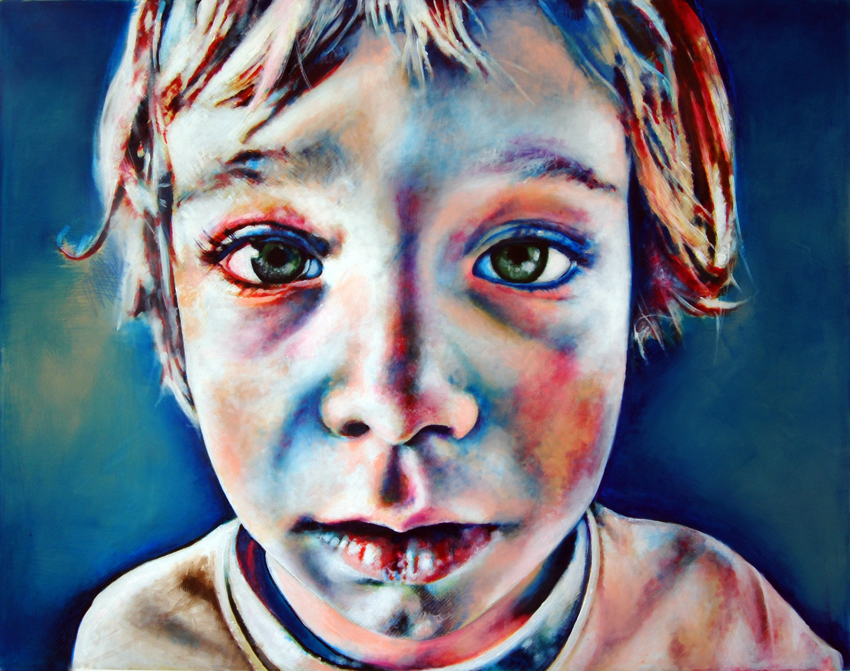 Painting of child's face, acrylics on canvas by Barbara Agreste.