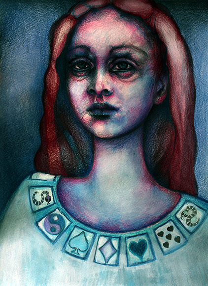 Ruby Red Hair Tao and Playing Cards - Pop Surrealism Series Drawing of a woman with Red Hair, printed on her dress are the images of playing cards, a heart, the Tao Symbol, and Snakes.