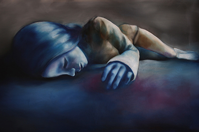 Earth: from "The Catharsis of Ophelia" series, painting of a doll sleeping, oil on canvas by Barbara Agreste.