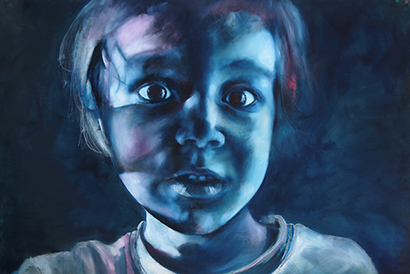 Painting of a Fearful Child's face. This art-work wants to convey a feeling of helplessness in children.