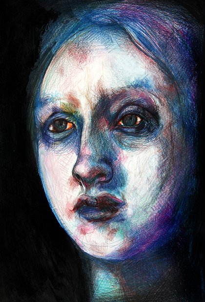 Drawing of Virginia Woolf face, portrait by Barbara Agreste. Pastels on acid-free paper.