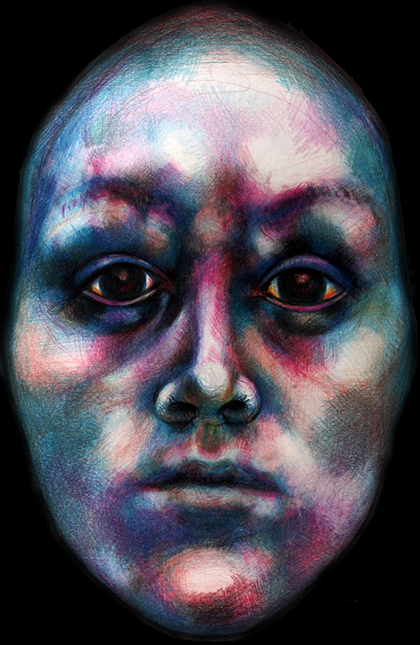 drawing of woman with fearful face, pastels on paper by Barbara Agreste