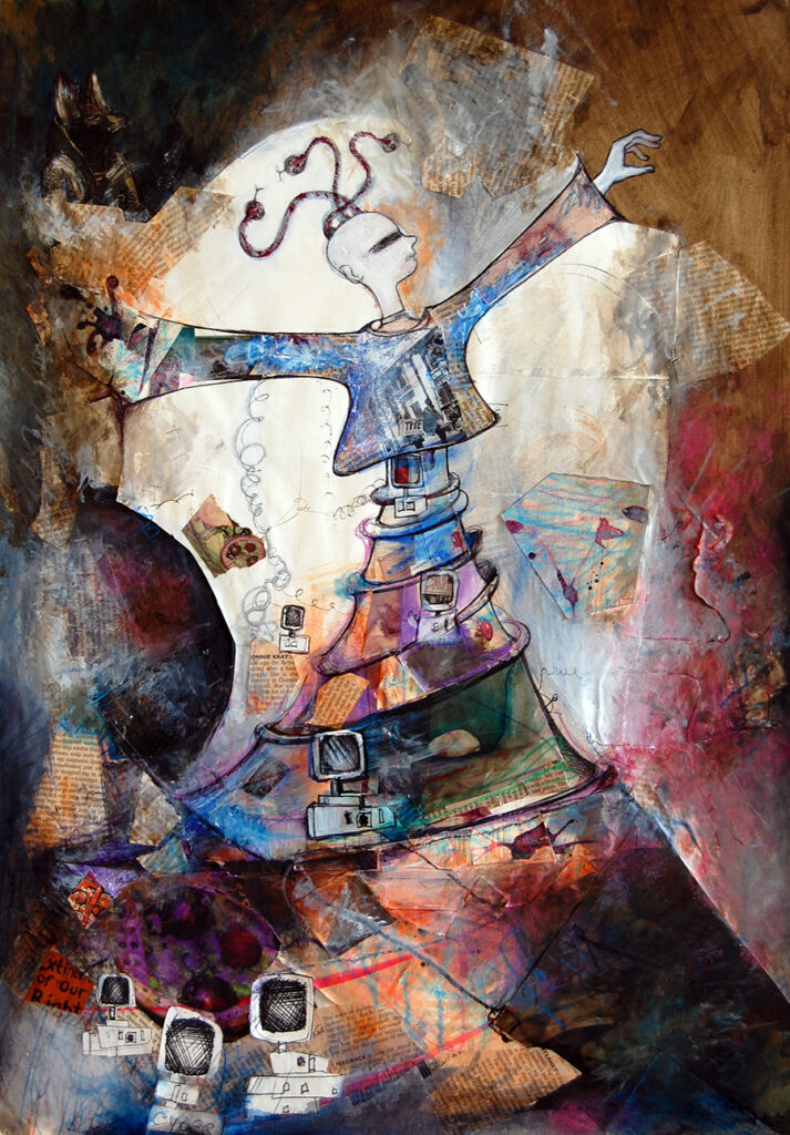 Babel Tower - painting by Barbara Agreste, acrylics, collage and ink on card. Babel Tower