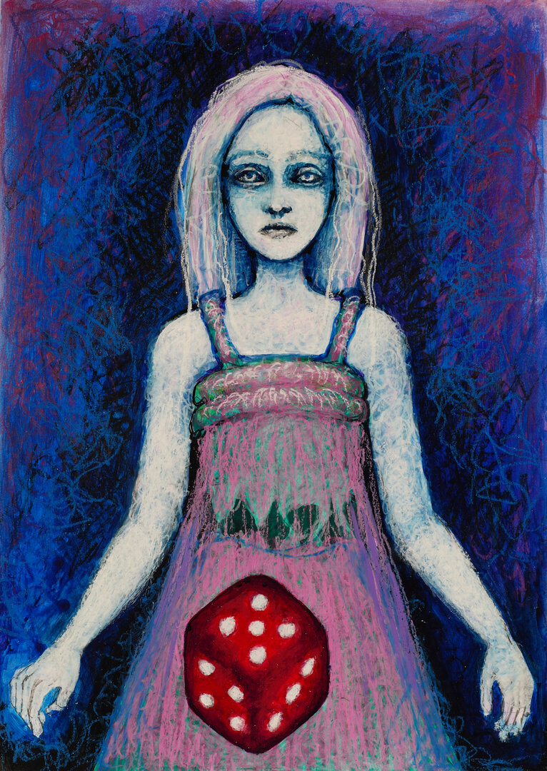 barbara-agreste-red-dice-paper-pop-surrealism-painting